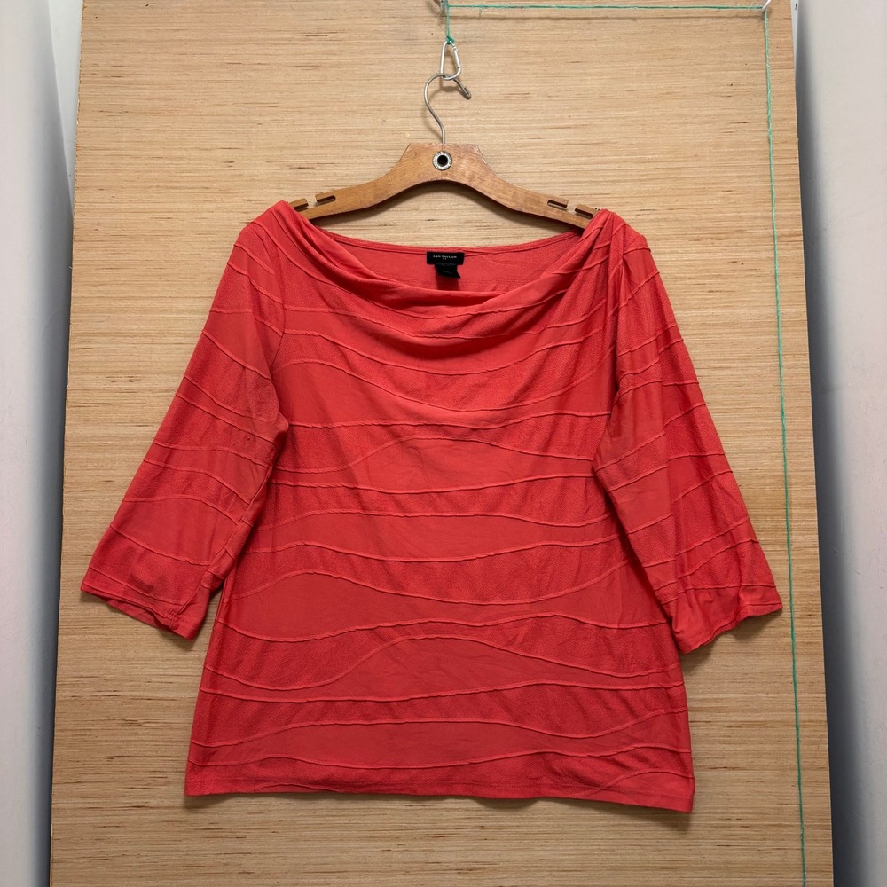 Ann Taylor Coral Cowl Neck 3/4 Sleeve Textured Wavy Ribbon Blouse Top Large